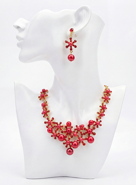 红色满钻水滴项链耳环套装 宫廷风重工配饰 宴会礼服新娘锁骨链