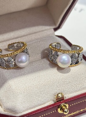 新品双色银杏叶戒指质感14k注金8-9mm天然淡水珍珠大气上手可调节