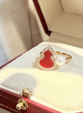 红葫芦福禄戒指 6-8天然高品质淡水珍珠14k注金喜庆新年幸运女神