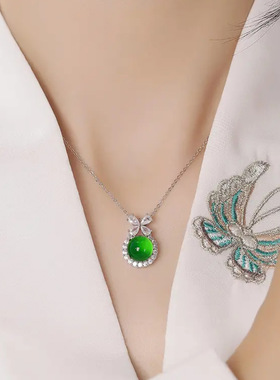 新款高冰马达加斯玉髓在逃公主项链镶嵌镀925银小玉髓圆心玉石玉