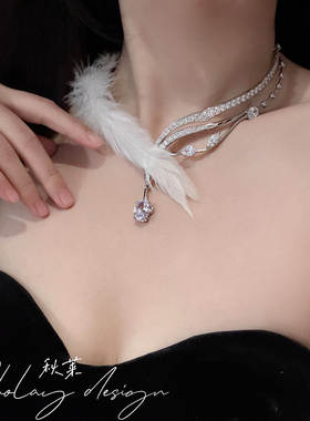 银色爆闪羽毛水滴项链女高级感