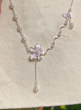 紫色渐变滴釉花朵仿珍珠项链