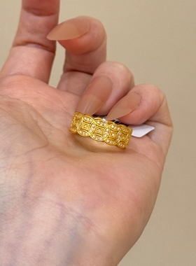 金色镂空仿满钻钱币戒指气质百搭