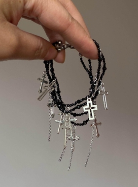 黑色串珠十字架流苏手链2026新款