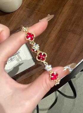 新年酒红色四叶草手链2025年新款