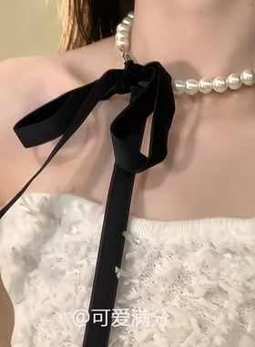黑色丝绒蝴蝶结仿珍珠项链女配饰