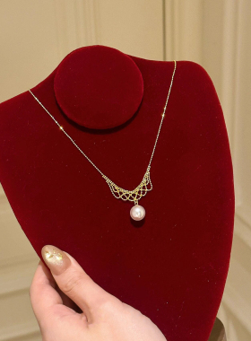 法式复古蕾丝仿珍珠吊坠项链女