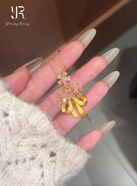 金色花朵蝴蝶结项链轻奢小众设计