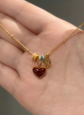 复古滴油红色双面爱心项链女精致