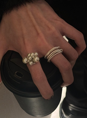 不规则银色线条仿珍珠戒指女