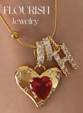 复古红色爱心字母项链女精致颈链