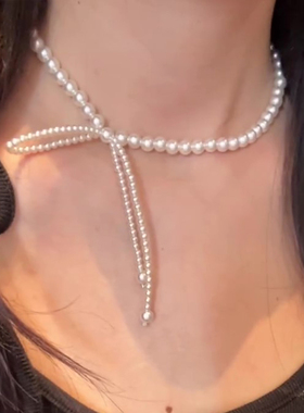 超仙蝴蝶结仿珍珠项链女