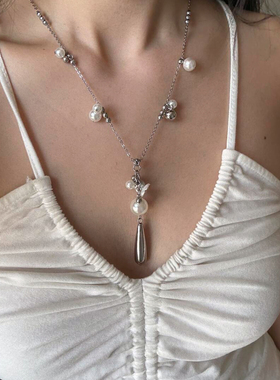 冷淡风花朵仿珍珠水滴项链女