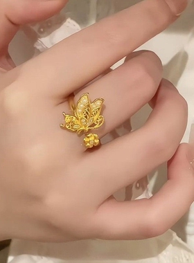 新中式金色镂空蝴蝶戒指女小众设计轻奢高级感精致食指戒开口戒指