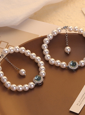 925纯银海蓝宝仿珍珠手链女