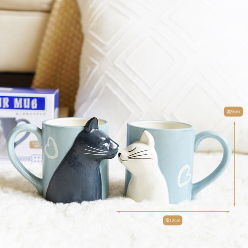 日本正版猫咪接吻陶瓷杯子马克杯小众水杯高级感咖啡杯情侣款一对 - 图1
