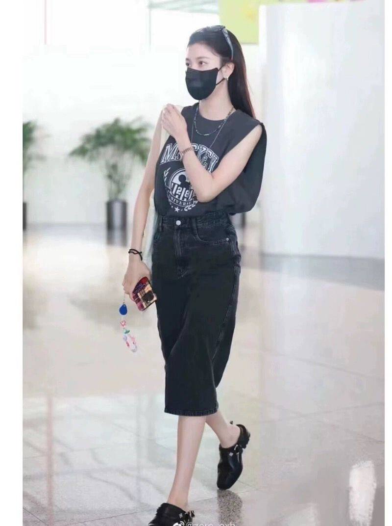 显瘦百搭AC小众经典水洗黑灰高腰H型中长款牛仔半身裙无弹