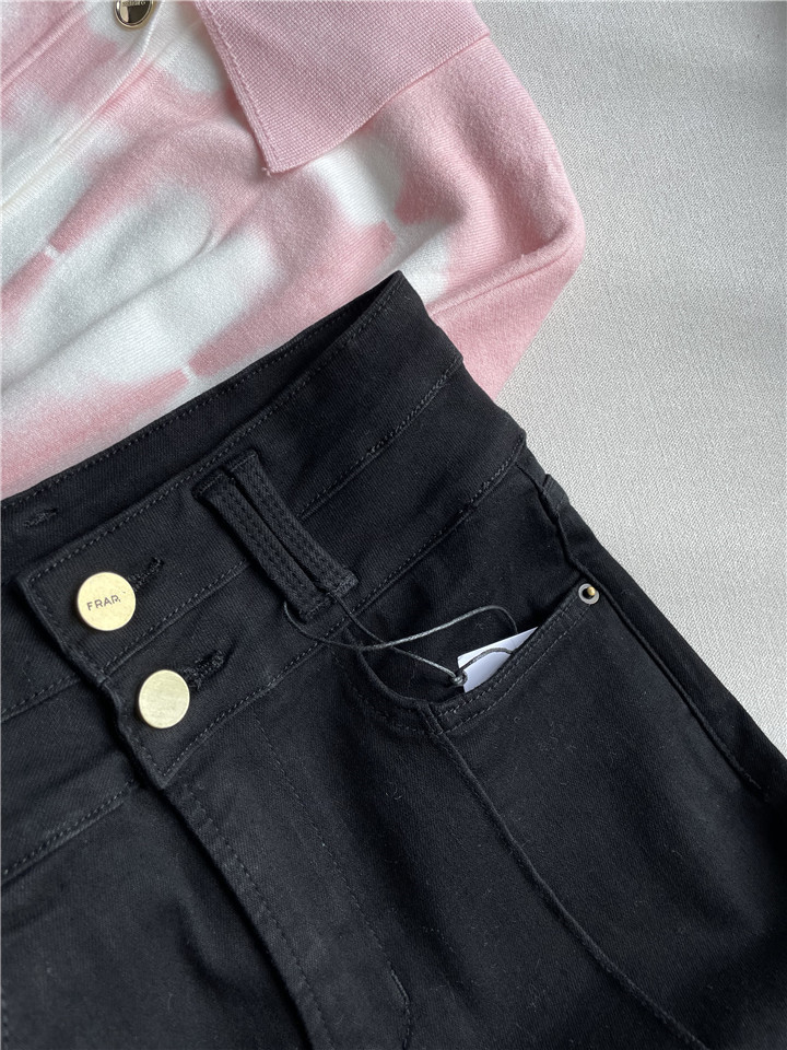 21FD欧美系高腰黑色前排扣中线设计九分小脚牛仔裤女加绒修身显瘦