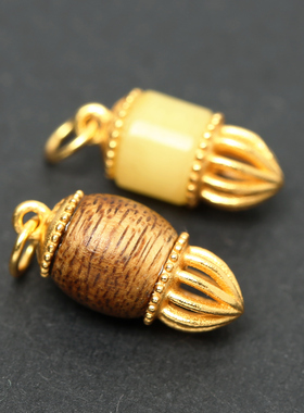 古法金S925纯银镀金镶嵌天然蜜蜡沉香毛笔吊坠文昌笔DIY手链配件