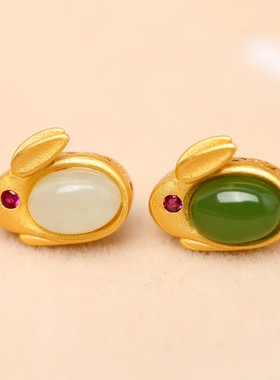 银镶天然和田碧玉生肖兔子配件