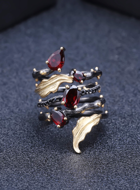 925银镶红色石榴石戒指复古轻奢