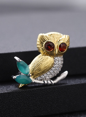 石榴石绿玉髓猫头鹰胸针项链两用