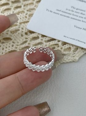 S925纯银镂空蕾丝爱心开口戒指