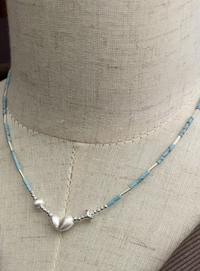 S925银天然松石拉丝爱心豆豆项链韩版小众设计感简约高级