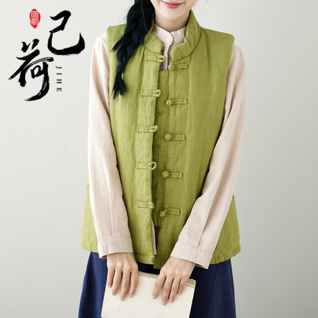 Jihe original Tang suit women's national style high-end quilted vest new style ຈີນດູໃບໄມ້ລົ່ນແລະລະດູຫນາວຮູບແບບໃຫມ່ແຜ່ນ buckle ຫນາ waistcoat jacket-padded ຝ້າຍ