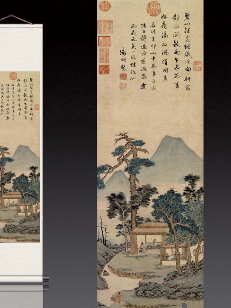 新中式书画卷轴字画仿古山水画挂轴古画茶楼装饰壁画品茶图听琴图-图0