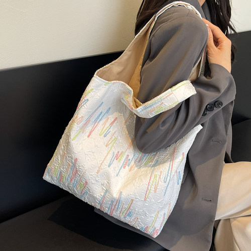 琉璃刺绣托特包女大容量包包2026新款夏季条纹手提小众单肩帆布包 - 图2