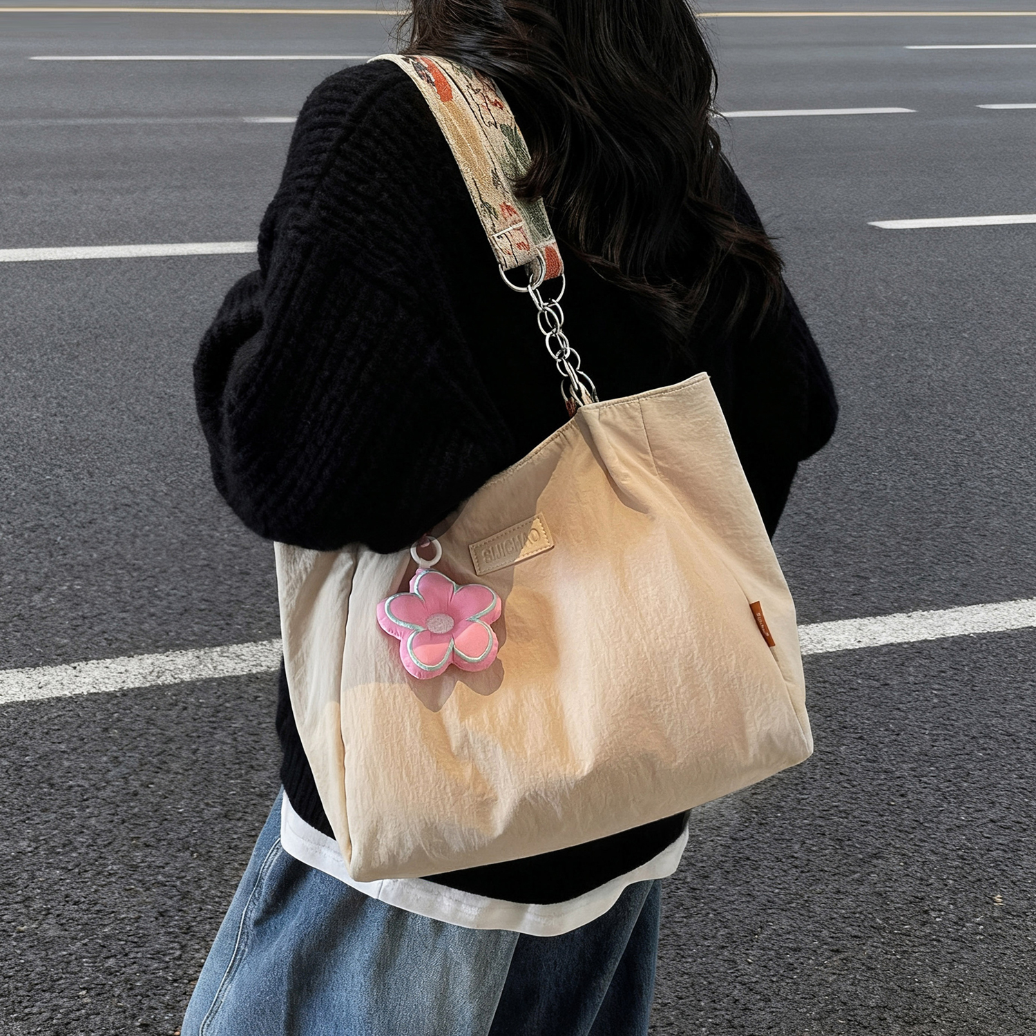 原创小众设计休闲托特包包女学生大容量上课上班通勤拉链包单肩包 - 图3