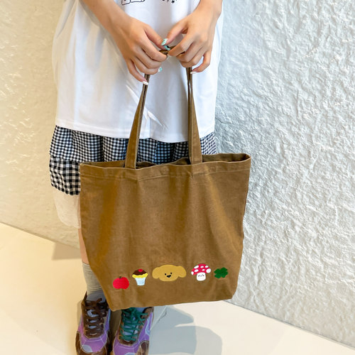 ins卡通刺绣托特包包女不掉色水洗牛仔帆布包大容量慵懒风单肩包 - 图1