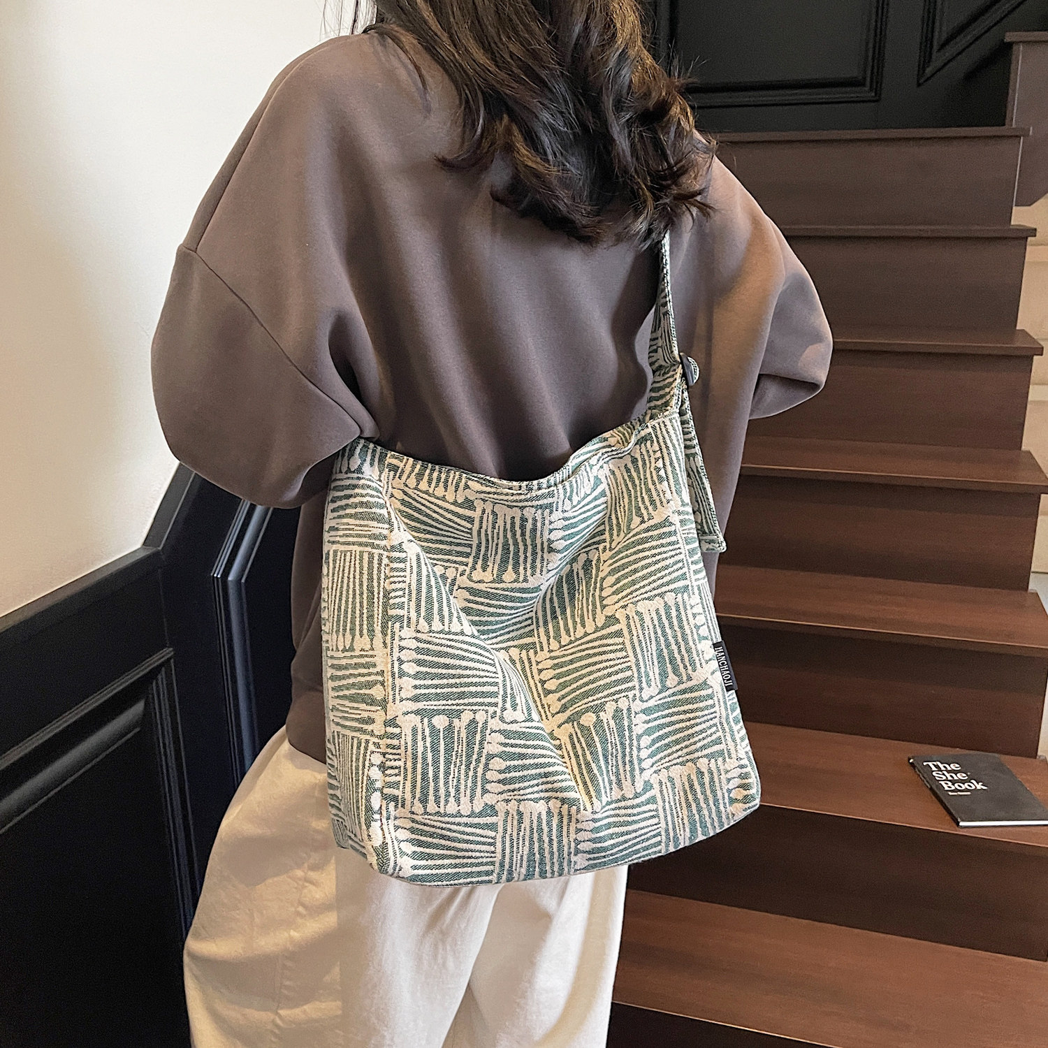 高级感格纹帆布包包女新款大容量时尚手提包休闲单肩包百搭斜挎包,淘宝优惠券,粉丝福利购,淘宝优惠卷