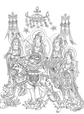 7榆林窟第25窟普贤变文殊变西夏工笔画白描底稿线描画稿条幅