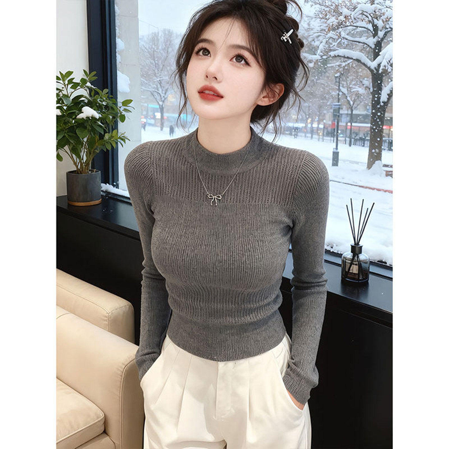秋冬半高领修身紧身长袖打底针织衫上衣高级感外穿内搭灰色毛衣女,淘宝优惠券,粉丝福利购,淘宝优惠卷