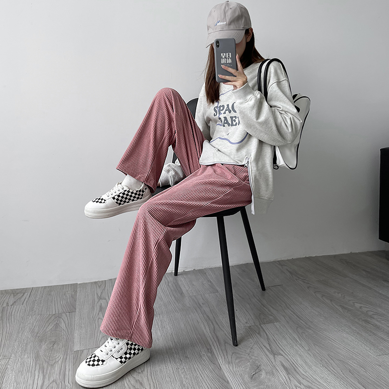 衣梵诗旗舰店灯芯绒阔腿裤女秋冬高腰垂感宽松直筒休闲拖地裤显瘦加绒粉色裤子1