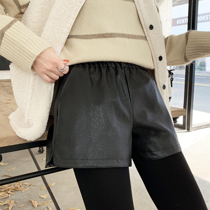 衣梵诗旗舰店皮短裤女新款秋冬款外穿高腰时尚阔腿大码宽松显瘦百搭pu皮裤1