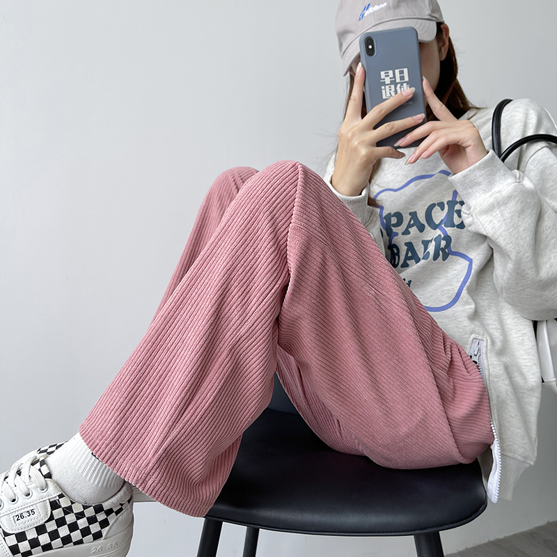 衣梵诗旗舰店灯芯绒阔腿裤女秋冬高腰垂感宽松直筒休闲拖地裤显瘦加绒粉色裤子2