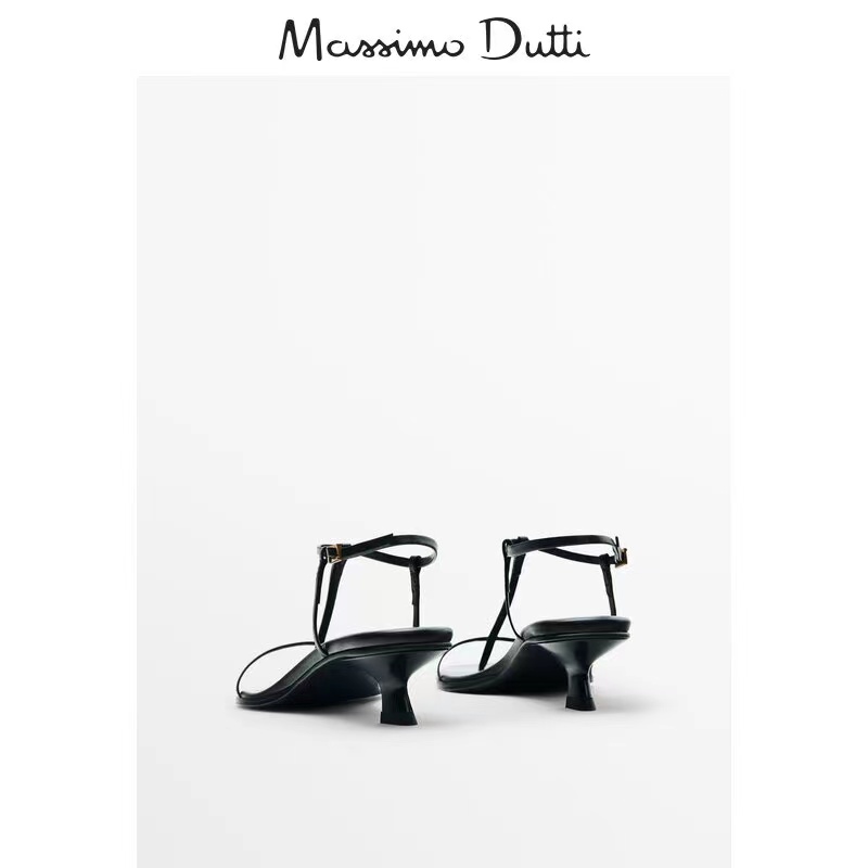 Massimo Duti女鞋2024春夏新款夹趾真皮黑色粗高跟一字凉鞋女 - 图0