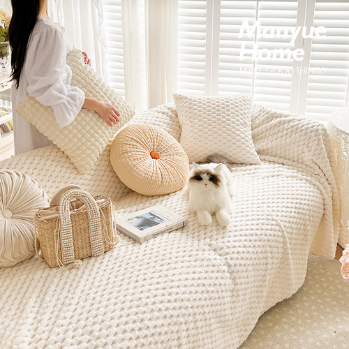 M.life ins风奶油色绒面沙发巾万能全盖沙发套罩四季盖毯可机洗 - 图1