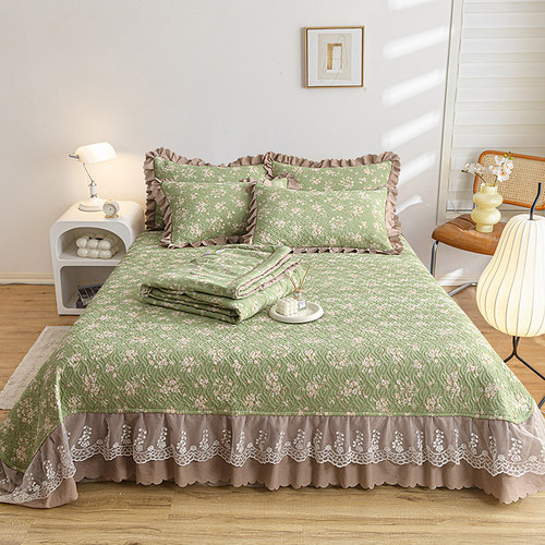 2025新款韩版双层纱蕾丝边夹棉绗缝床盖款四件套单件床裙三件套新 - 图3