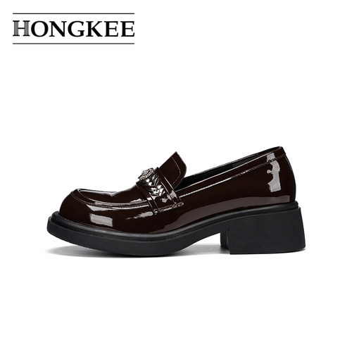 Hongkee/红科乐福鞋2026春季新款牛皮漆皮粗跟通勤女单鞋H816D101 - 图1