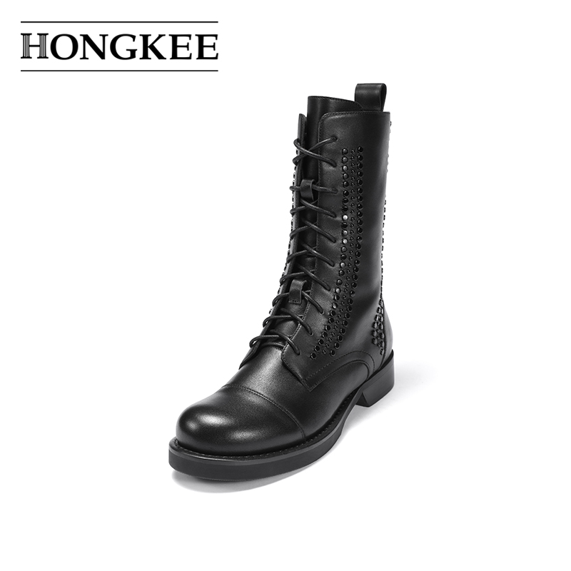 Hongkee/红科2020年冬季新款牛皮圆头中筒女短靴子马丁靴HB40Z404-图0