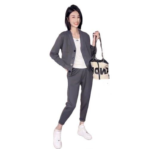 休闲时尚套装女2024秋新款气质V领开衫外套小脚裤显瘦高档两件套 - 图3