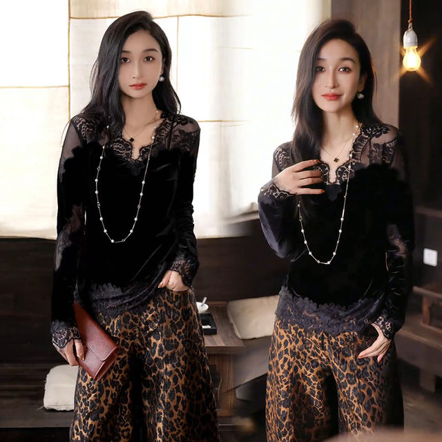 Sexy hollow velvet patchwork commuting ເສື້ອ lace slim
