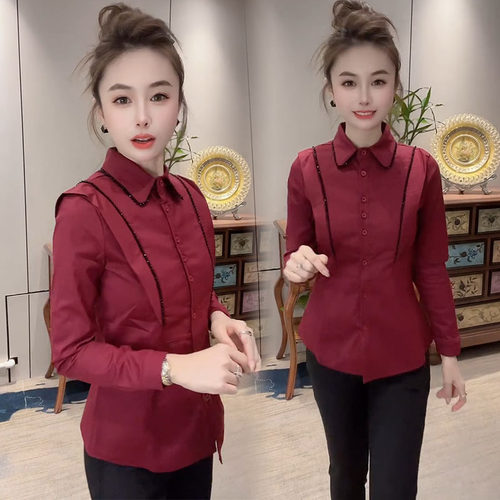 时尚衬衫女2025秋新款气质通勤百搭重工串珠修身显瘦娃娃领打底衫 - 图1