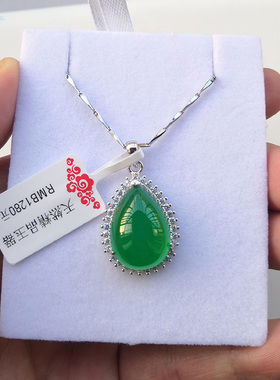 天然绿玉髓项链吊坠女短款宝石挂坠翡翠色纯925银镶水晶锁骨链子