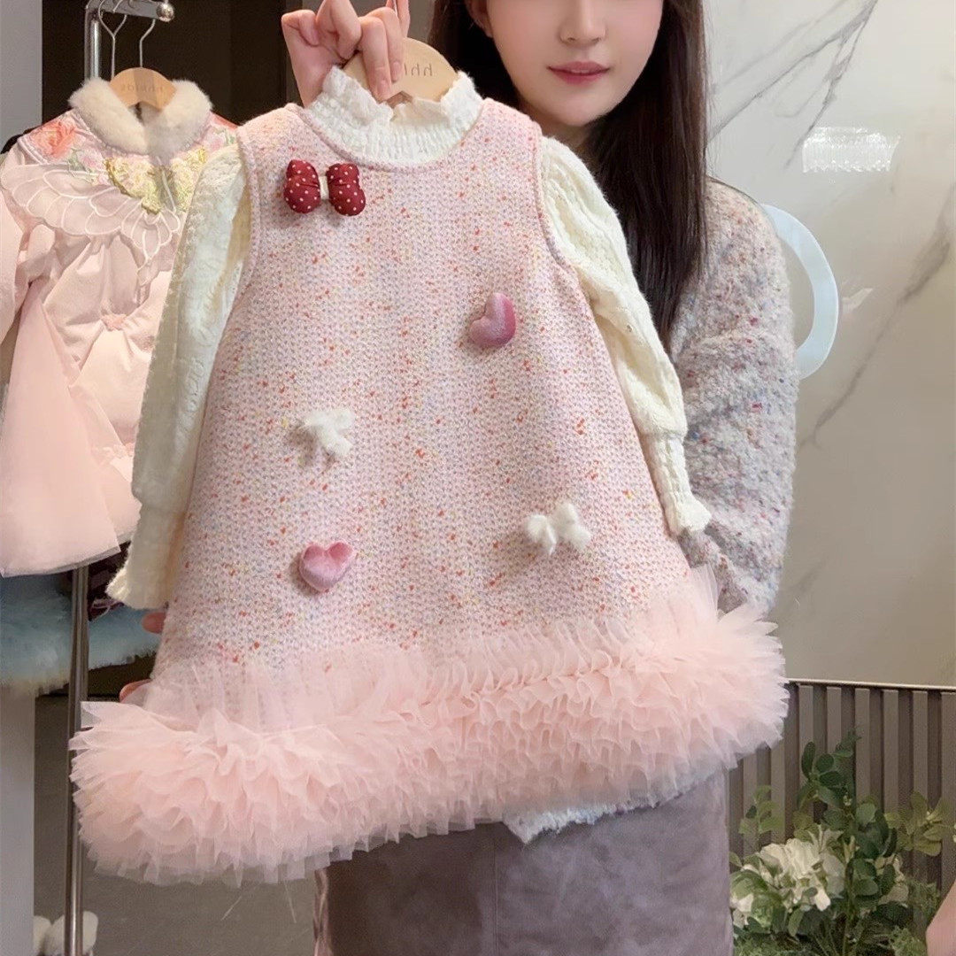女童甜美爱心蝴蝶结公主裙加绒加厚2025冬季宝宝新年毛呢背心裙潮,淘宝优惠券,粉丝福利购,淘宝优惠卷