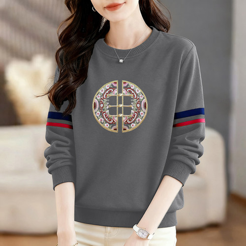 气质拼色国风印花长袖卫衣女百搭内搭遮肉显瘦打底衫纯棉T恤上衣 - 图1